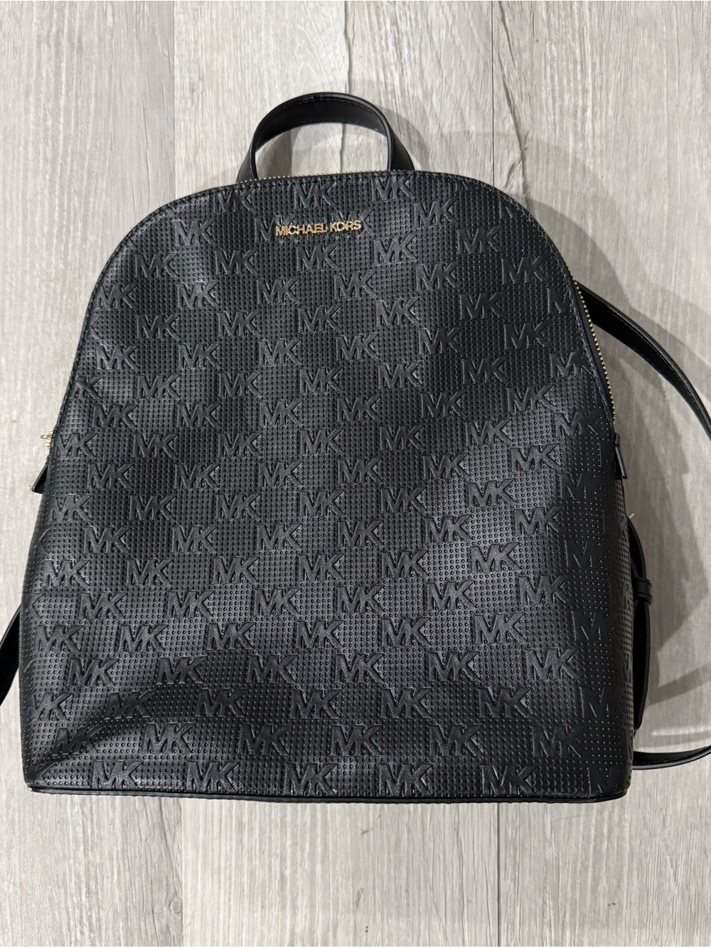 Michael Kors Large Black Embossed MK Monogram Backpack with Gold Hardware